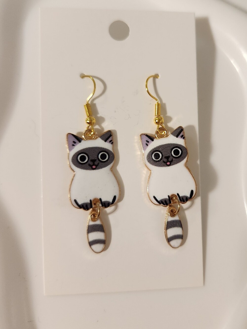 Cute White and Gray Cat Dangle Earrings - Pet-Themed Jewelry